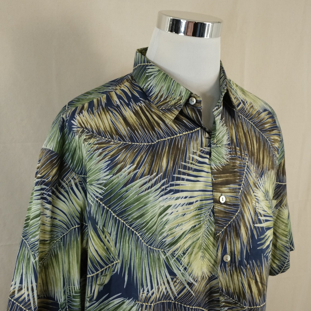 Tori Richard 2XL USA Made Hawaiian Aloha Shirt Blue Palm Leaf 100% Cotton Mens